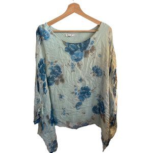 Dolce Ragazza Blue Floral Silk Blouse Women's Size Large Built In Tank Top